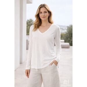 James Perse Standard Long Sleeve Tee Sz 2 Ivory Slub Cotton V Neck Minimalist